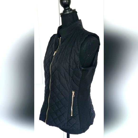 New York & Company Fitted Quilted Black Vest Gold Zipper Sz Sm - Picture 3 of 6